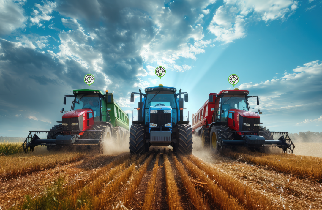 Three tractors moving in a field, with an icon of location on top of them, signalling the vehicle is being tracked.